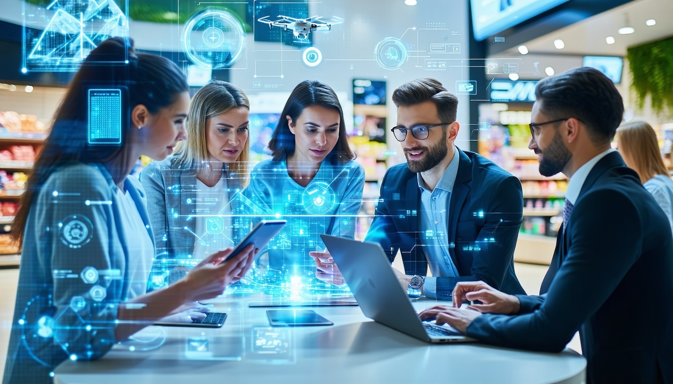 A visually striking digital artwork depicting a futuristic retail and utility landscape In the foreground a diverse group of professionals including a woman with a tablet and a man with a laptop are engaged in a collaborative brainstorming session su